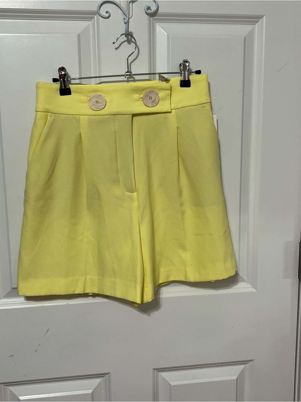 Zara Lemon High-Waist Pleated Shorts with Button Detail